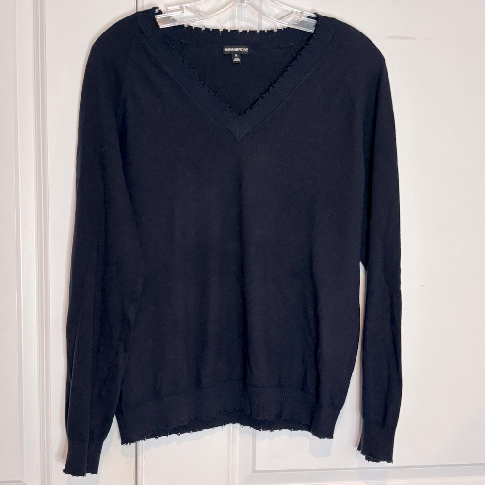 Minnie Rose Navy Blue Cotton Cashmere V-neck Distressed Trim Sweater M